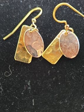 Two Tone Layered Hammered Oval & Rectangle Earrings